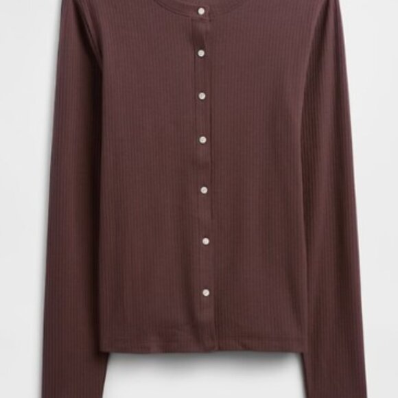 GAP Ribbed Button Up Long Sleeve Top in Chocolate Bar Brown Size S - Picture 6 of 9